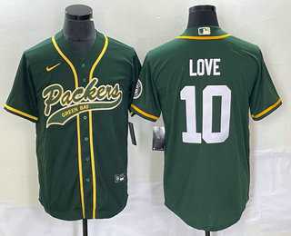 Men%27s Green Bay Packers #10 Jordan Love Green With Patch Cool Base Stitched Baseball Jersey